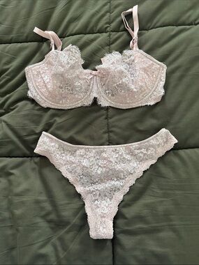 Victoria's Secret Blush Lace Underwire Bra and Lace Bikini with silver accents